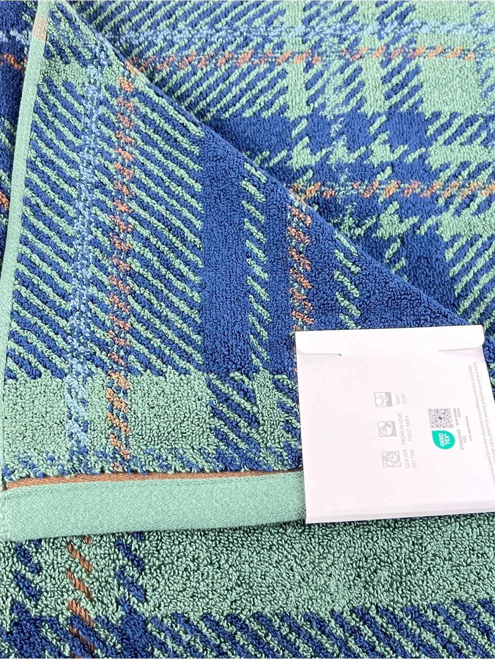 Caro Home Bath Towels Green Navy  Rust Plaid Quick Dry Soft Cotton 2 Pc NEW